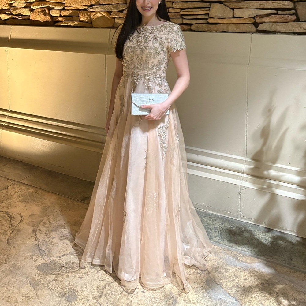 La Femme-A Line Tulle and Lace Gown with Short Sleeves